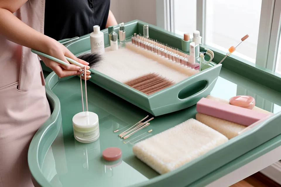 Kits de cuidado de pestañas rentables organizados en una cabina de belleza