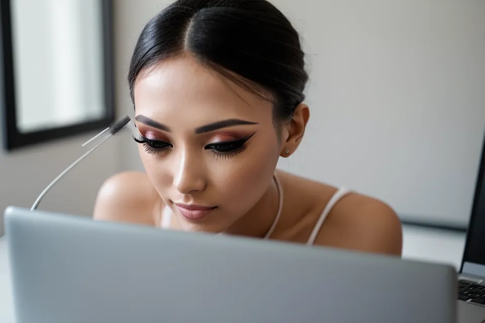 Lashista revisando un curso de formación online de extensiones de pestañas para subir el ticket
