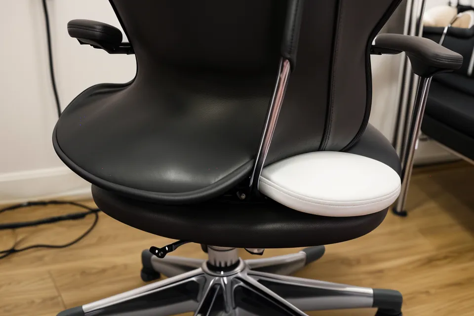 Silla ergonómica tipo montura para proteger la espalda de la lashista en jornadas largas