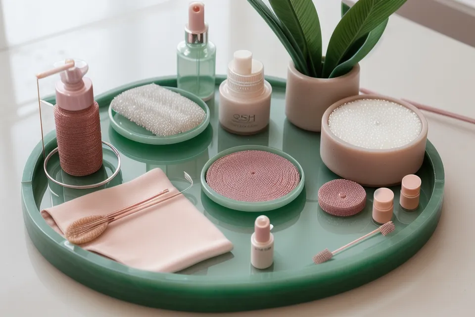 Close-up of lash extension application process with tweezers and trays.