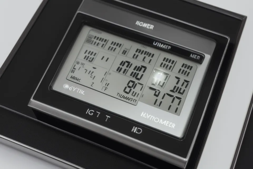 Higrómetro digital mostrando niveles de humedad y temperatura en una cabina de pestañas.