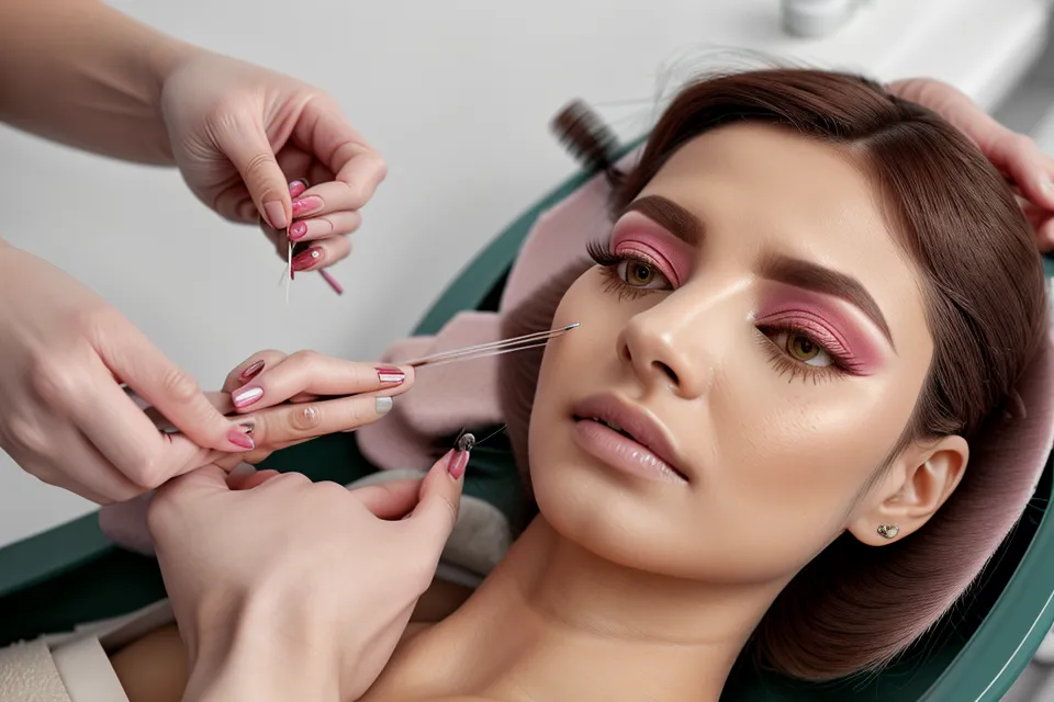 Lashista seleccionando un abanico pre-armado con pinza de precisión para extensiones de pestañas