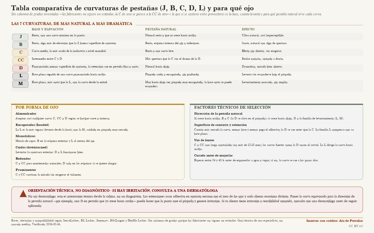 Tabla comparativa de las siete curvaturas de extensiones de pestañas (J, B, C, CC, D, L y M) con su base, para qué pestaña natural sirve cada una y su efecto visual, más qué curvatura conviene según la forma del ojo (almendrados, encapotados, monolídicos, caídos, redondos y prominentes) y los factores técnicos de selección, con el aviso de que es orientación técnica, no un diagnóstico, y de consultar a una dermatóloga ante irritación.